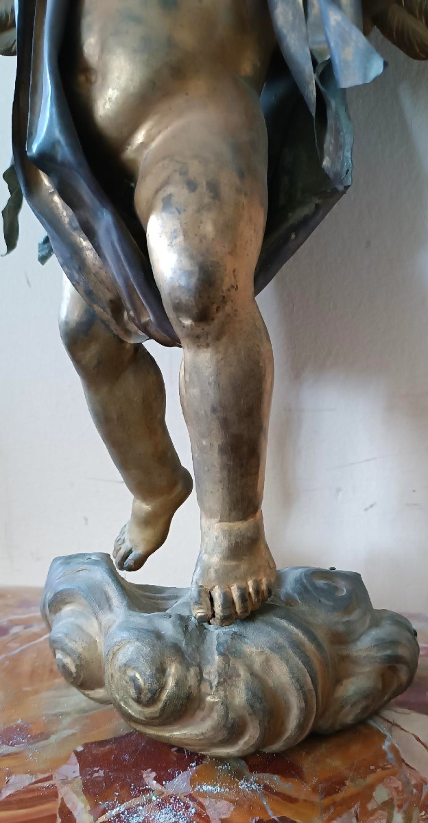 Sculpture antique en bronze doré, baroque, chérubin ailé-photo-1