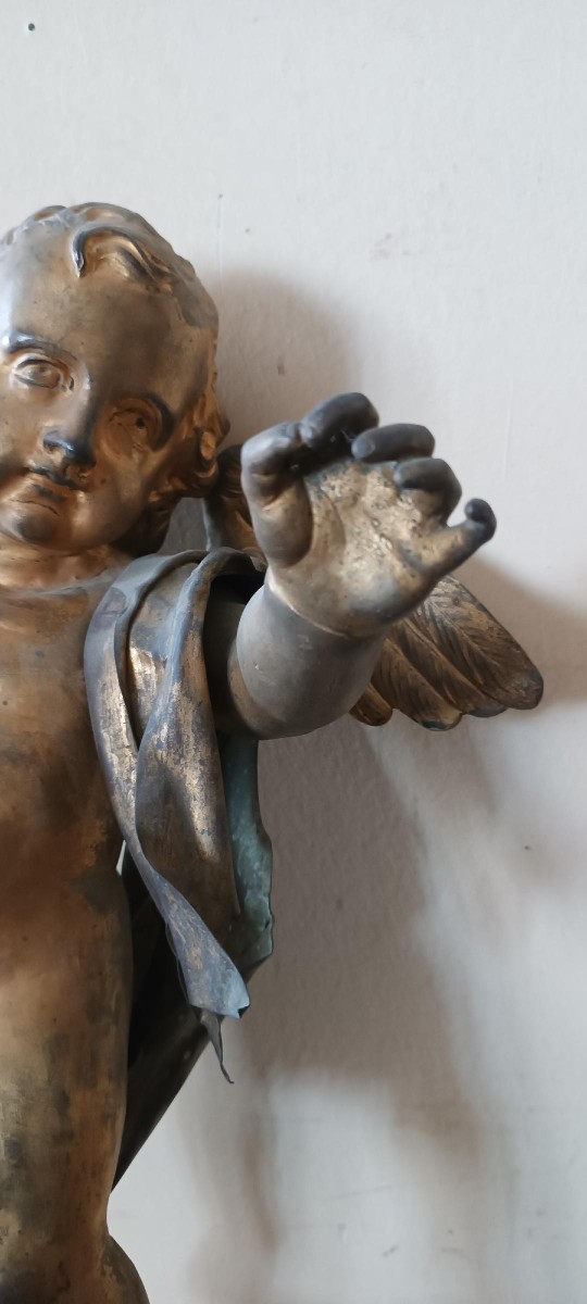 Sculpture antique en bronze doré, baroque, chérubin ailé-photo-2