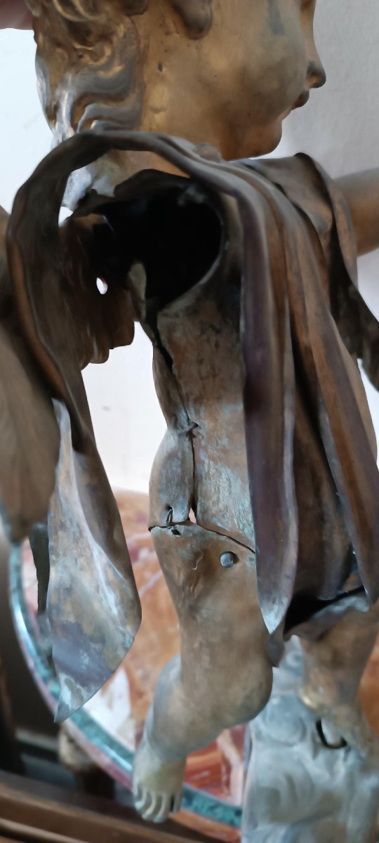 Sculpture antique en bronze doré, baroque, chérubin ailé-photo-6