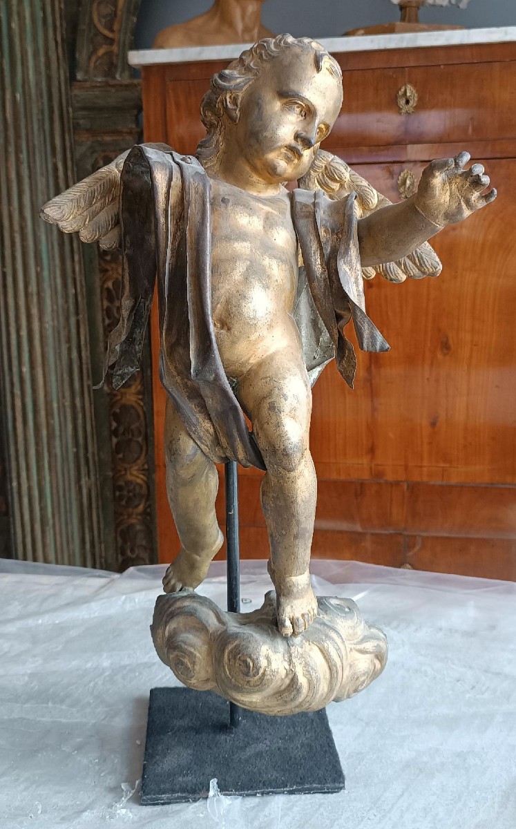 Sculpture antique en bronze doré, baroque, chérubin ailé
