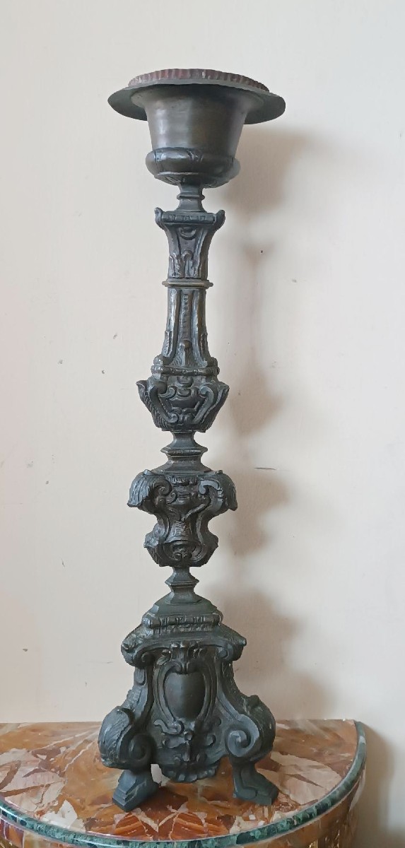 Antique Silver-plated Copper Sheet Candlestick, 18th Century, Italy