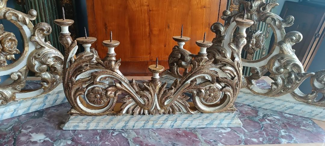 Triptyque ancien toscan représentant des chandeliers, XVIIIe siècle-photo-3