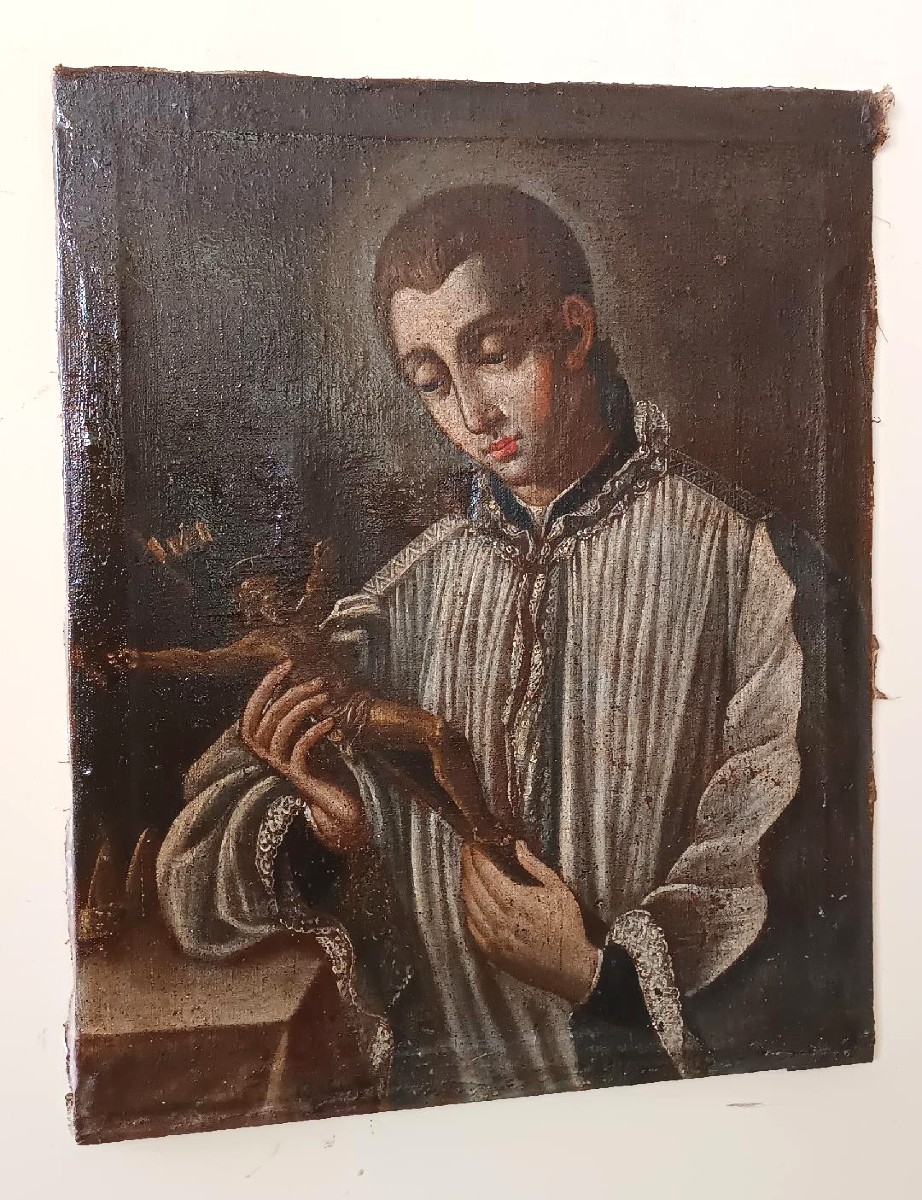 Peinture à l'huile ancienne sur toile datée de 1605 - École toscane - San Luigi Gonzaga-photo-1