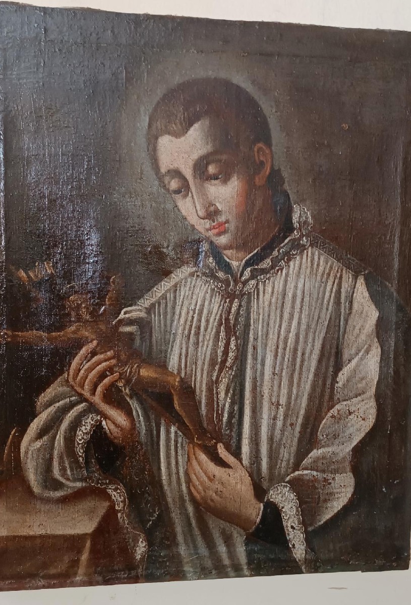 Peinture à l'huile ancienne sur toile datée de 1605 - École toscane - San Luigi Gonzaga-photo-2