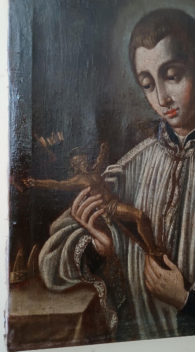 Peinture à l'huile ancienne sur toile datée de 1605 - École toscane - San Luigi Gonzaga-photo-3