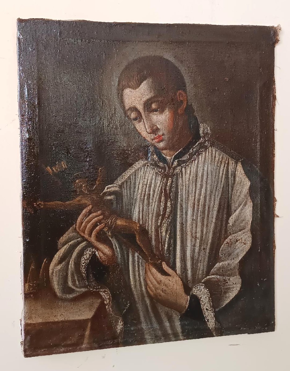 Peinture à l'huile ancienne sur toile datée de 1605 - École toscane - San Luigi Gonzaga-photo-8