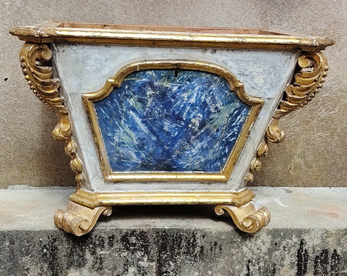 Baroque Ciborium In Painted Wood With Faux Marble, Lozenges And Carved And Gilded Frames, Louis-photo-4