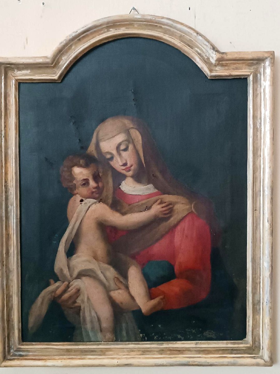 Peinture à l'huile ancienne sur toile « Vierge Marie à l'Enfant »-photo-2