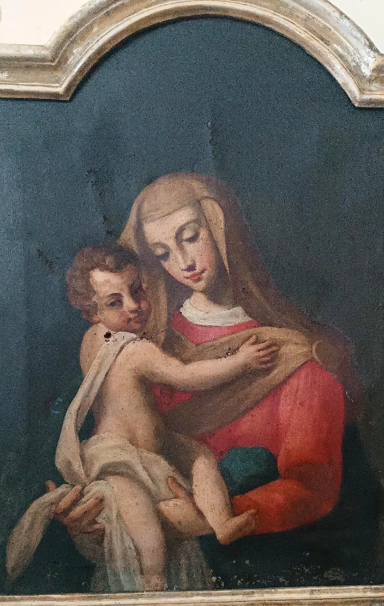 Peinture à l'huile ancienne sur toile « Vierge Marie à l'Enfant »-photo-3