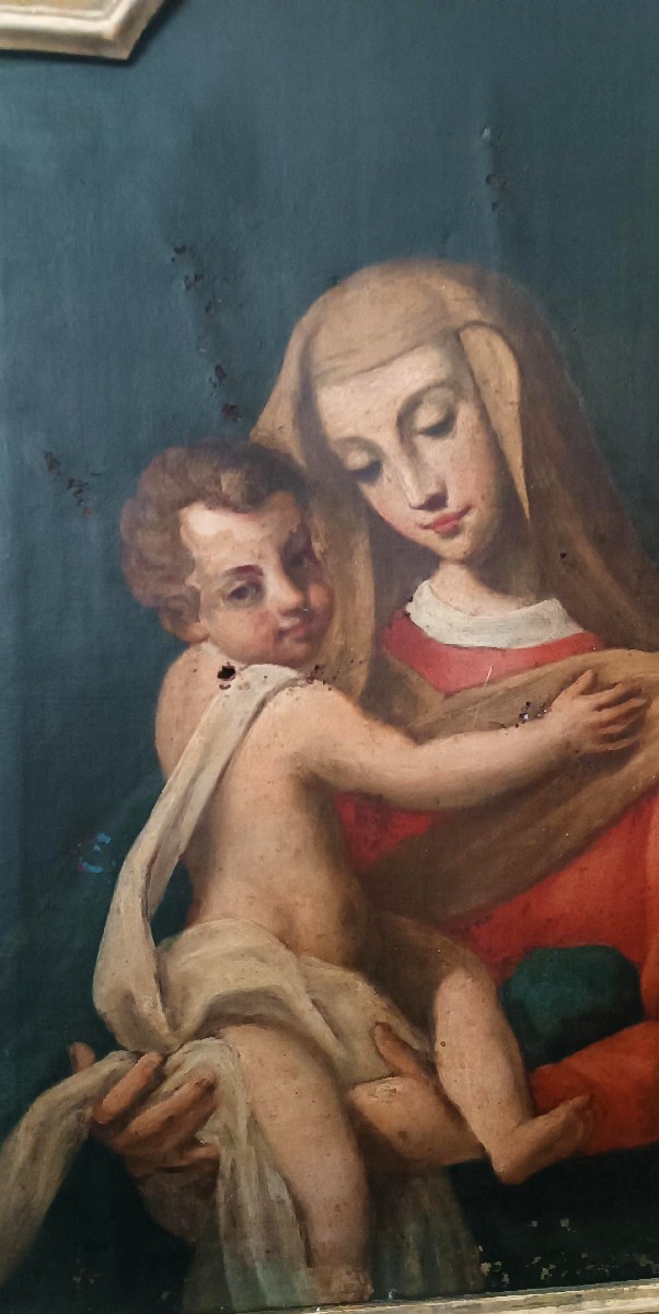 Peinture à l'huile ancienne sur toile « Vierge Marie à l'Enfant »-photo-4