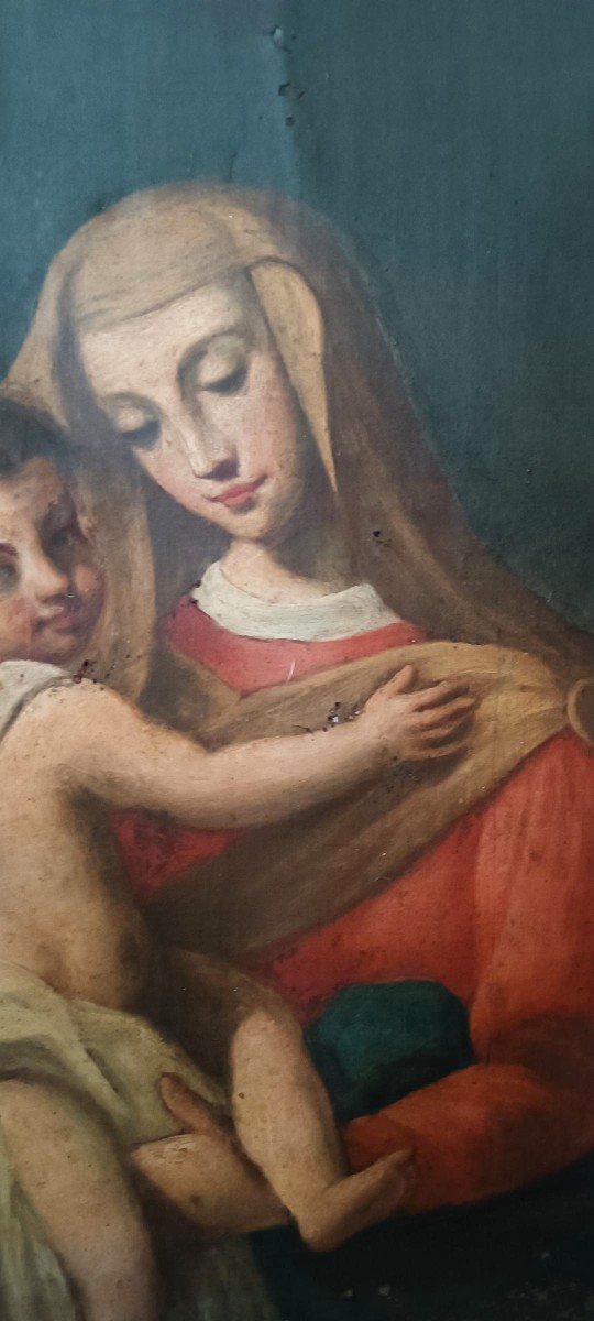 Peinture à l'huile ancienne sur toile « Vierge Marie à l'Enfant »-photo-1