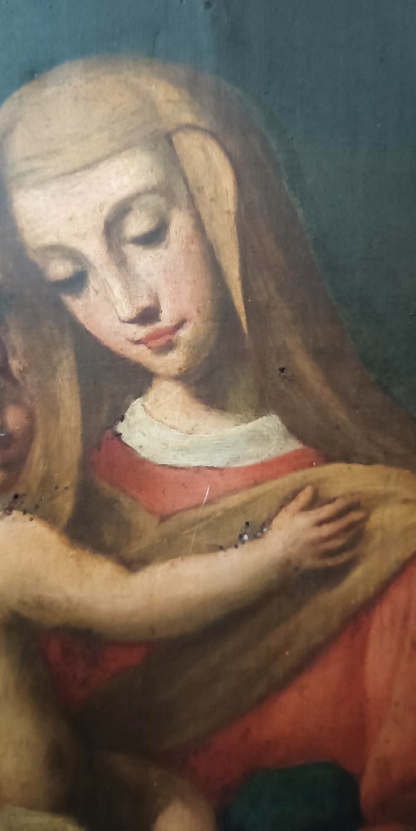 Peinture à l'huile ancienne sur toile « Vierge Marie à l'Enfant »-photo-2
