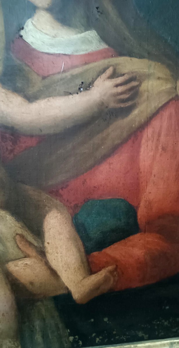 Peinture à l'huile ancienne sur toile « Vierge Marie à l'Enfant »-photo-4