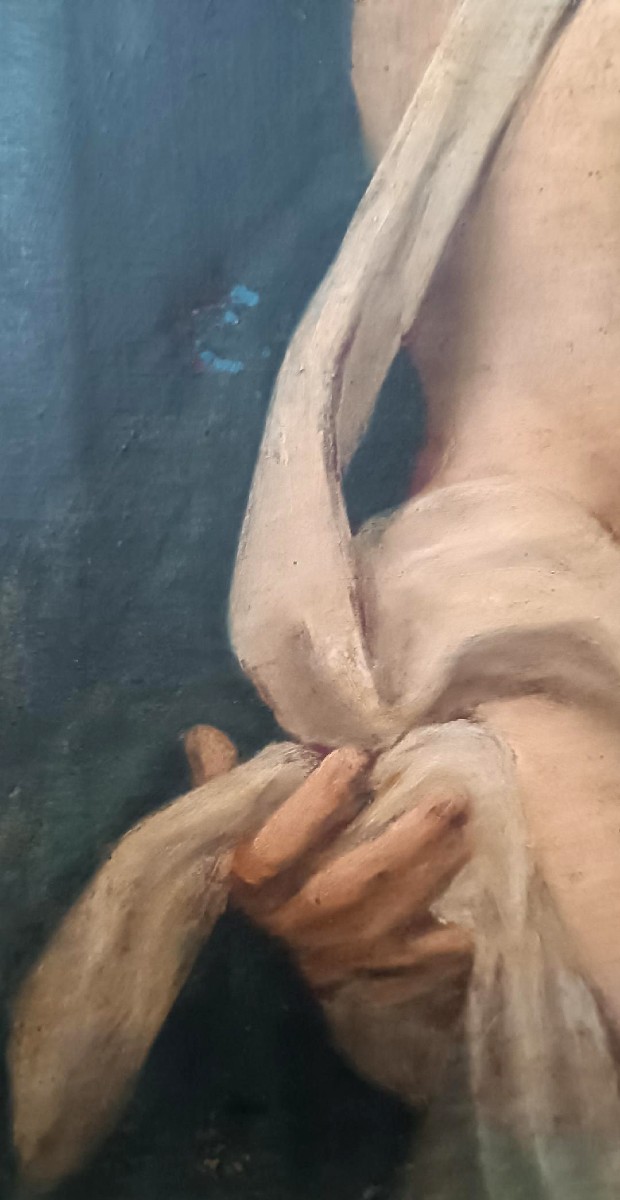 Peinture à l'huile ancienne sur toile « Vierge Marie à l'Enfant »-photo-5