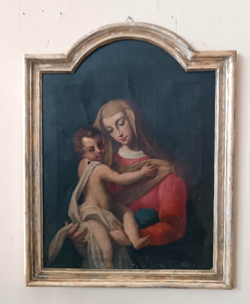 Peinture à l'huile ancienne sur toile « Vierge Marie à l'Enfant »