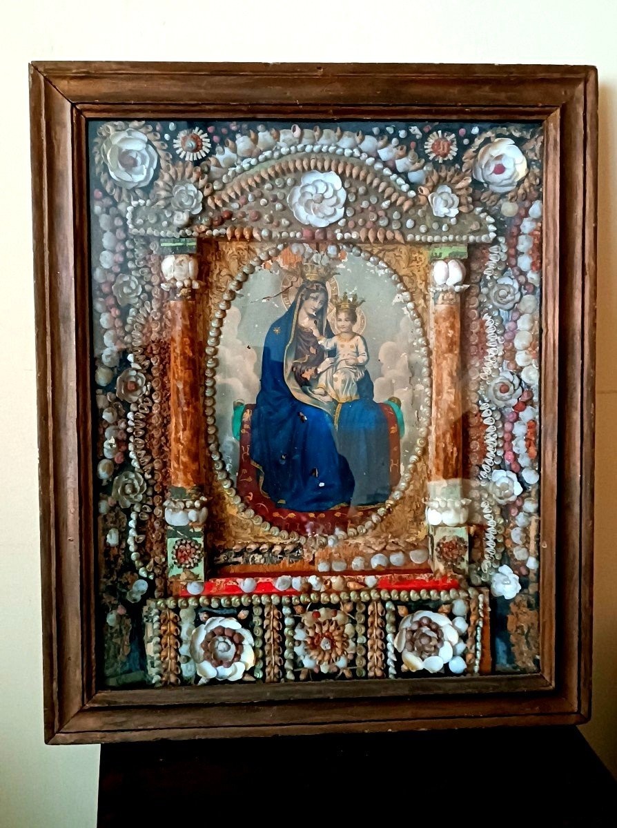Large Execution Of The Madonna In A Coral Casket And Shells, 19th Century -photo-3