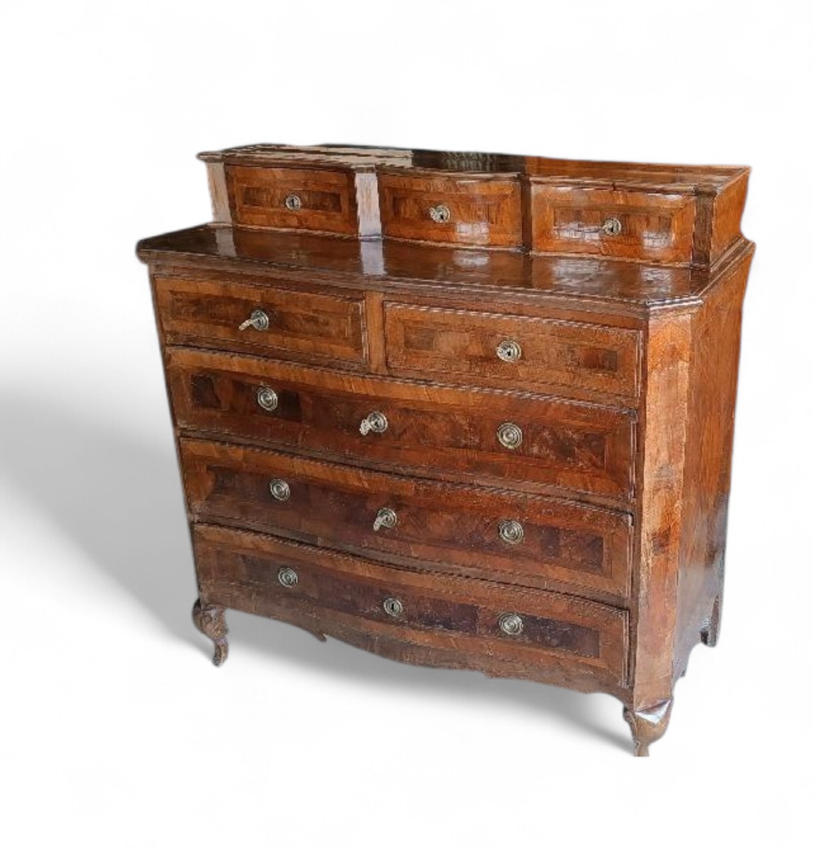 Commode ancienne plaquée et incrustée, XVIIIe siècle, Italie du Nord