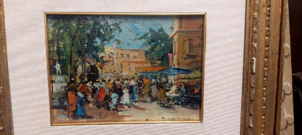 Francesco di Marino Naples 1892/1954 Huile sur panneau Scène de marché-photo-4