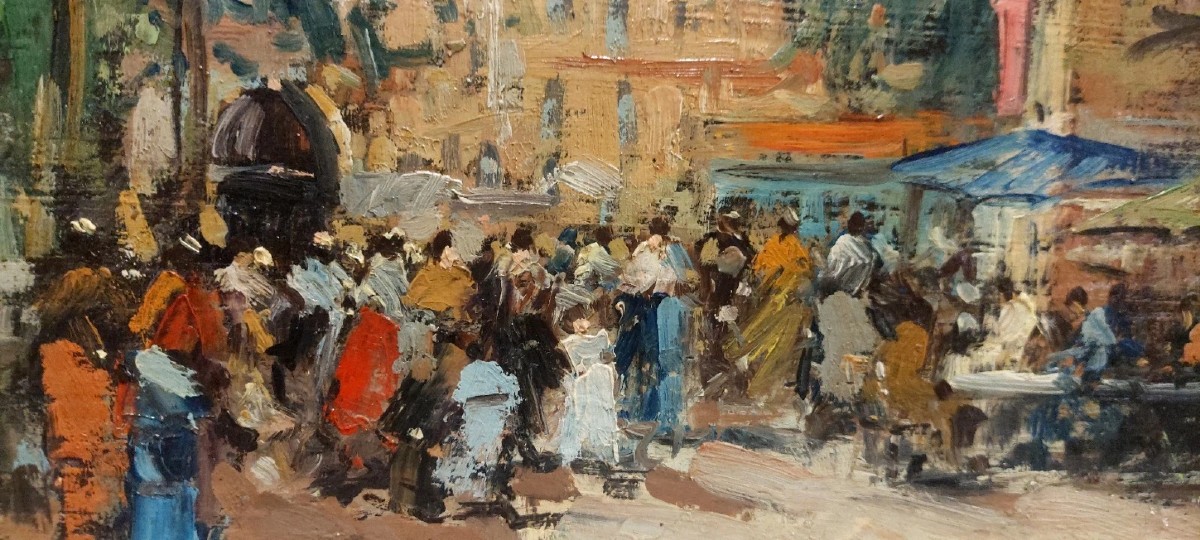 Francesco di Marino Naples 1892/1954 Huile sur panneau Scène de marché-photo-1