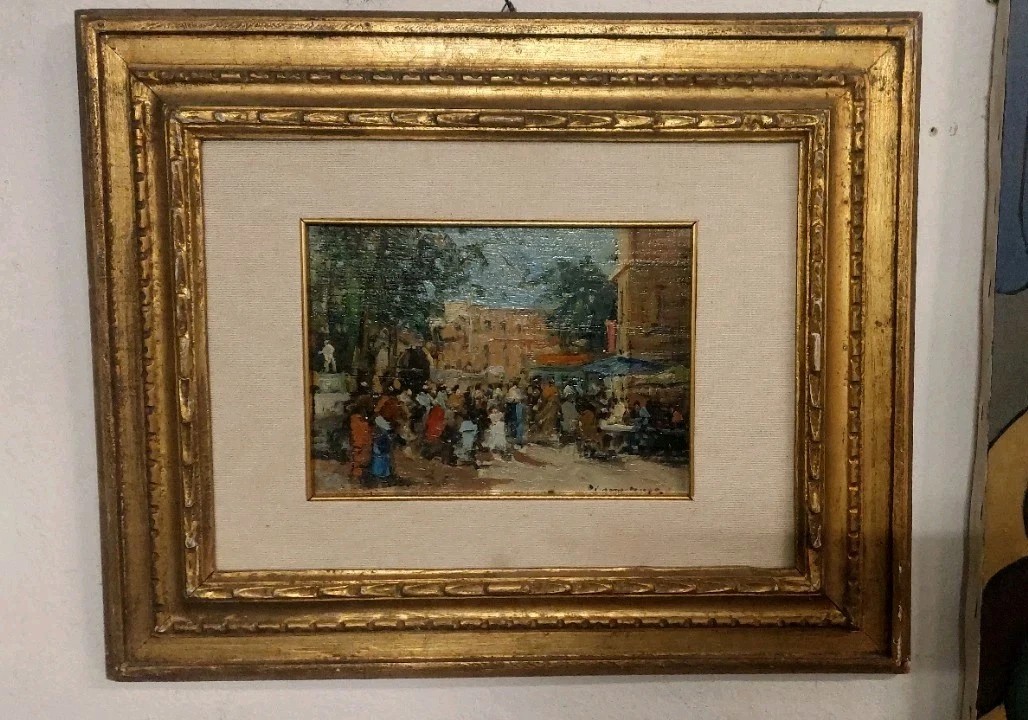 Francesco di Marino Naples 1892/1954 Huile sur panneau Scène de marché-photo-5