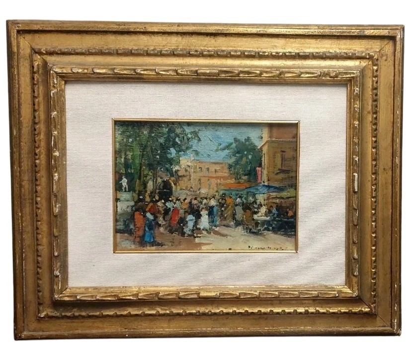 Francesco di Marino Naples 1892/1954 Huile sur panneau Scène de marché