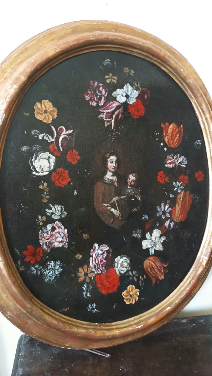 Oil Painting On Canvas, Italian School, Madonna And Child On A Garland Of Flowers—17th Century-photo-3