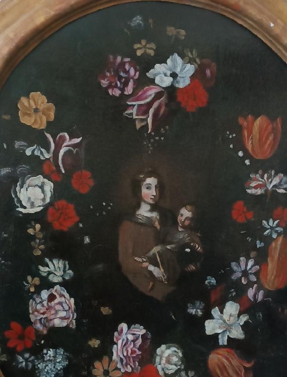Oil Painting On Canvas, Italian School, Madonna And Child On A Garland Of Flowers—17th Century-photo-1