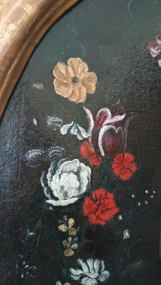 Oil Painting On Canvas, Italian School, Madonna And Child On A Garland Of Flowers—17th Century-photo-2