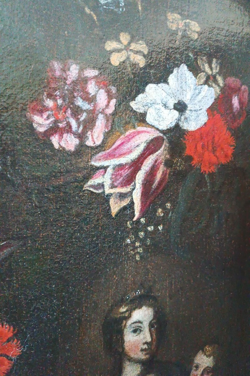 Oil Painting On Canvas, Italian School, Madonna And Child On A Garland Of Flowers—17th Century-photo-3