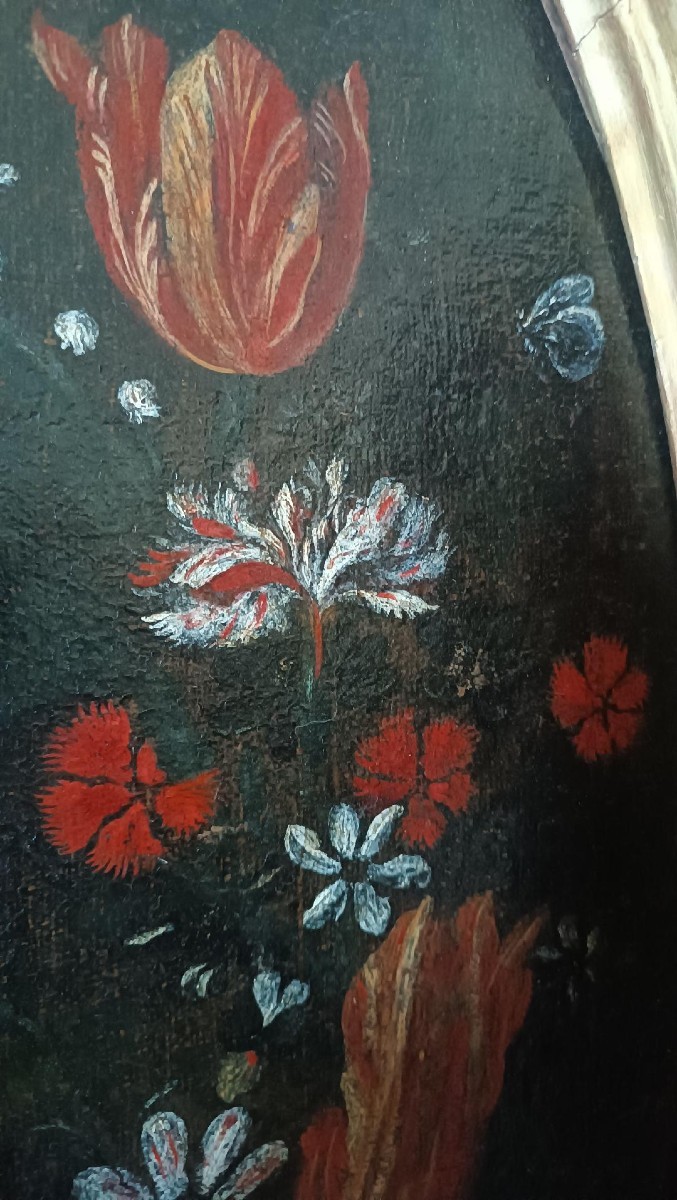 Oil Painting On Canvas, Italian School, Madonna And Child On A Garland Of Flowers—17th Century-photo-4