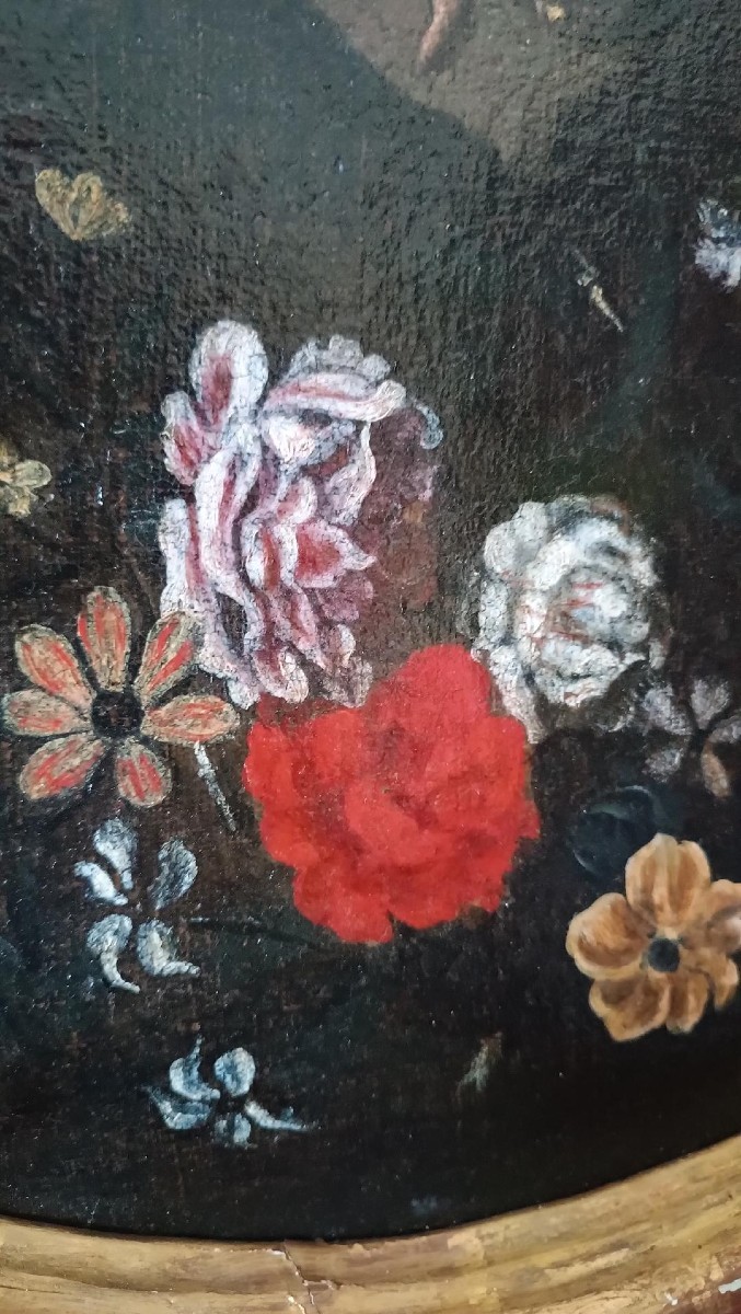 Oil Painting On Canvas, Italian School, Madonna And Child On A Garland Of Flowers—17th Century-photo-5