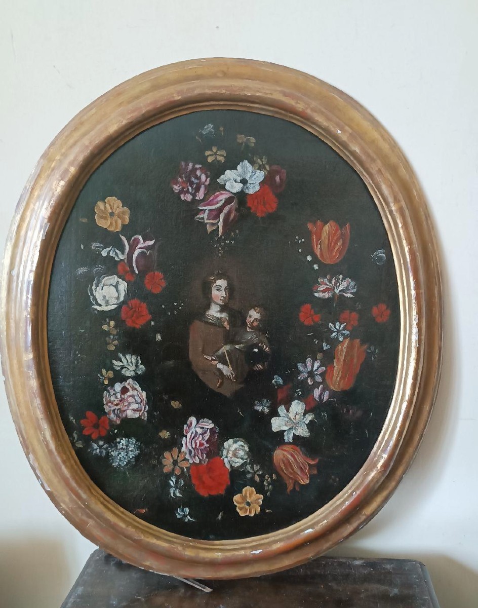 Oil Painting On Canvas, Italian School, Madonna And Child On A Garland Of Flowers—17th Century-photo-6