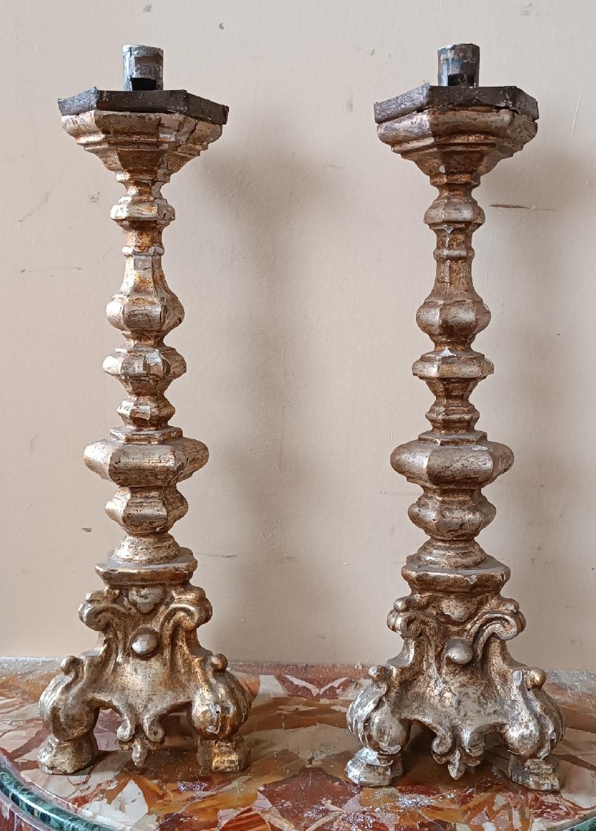 Pair Of Antique Candlesticks, Italy, 18th Century-photo-2