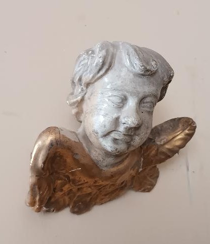 Tête de chérubin antique en bois laqué et doré-photo-4
