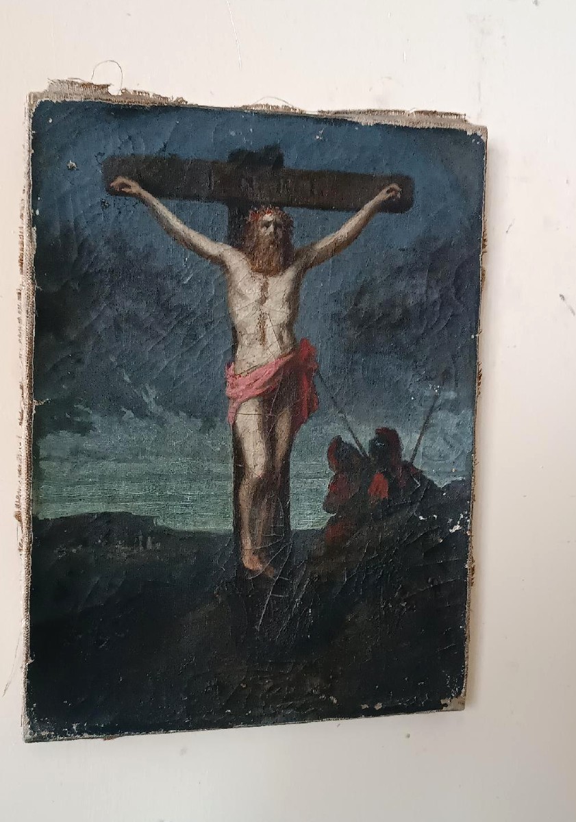 Huile sur toile ancienne représentant la crucifixion du Christ, XVIIIe siècle-photo-2