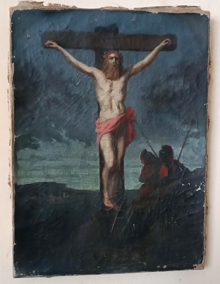 Huile sur toile ancienne représentant la crucifixion du Christ, XVIIIe siècle-photo-3