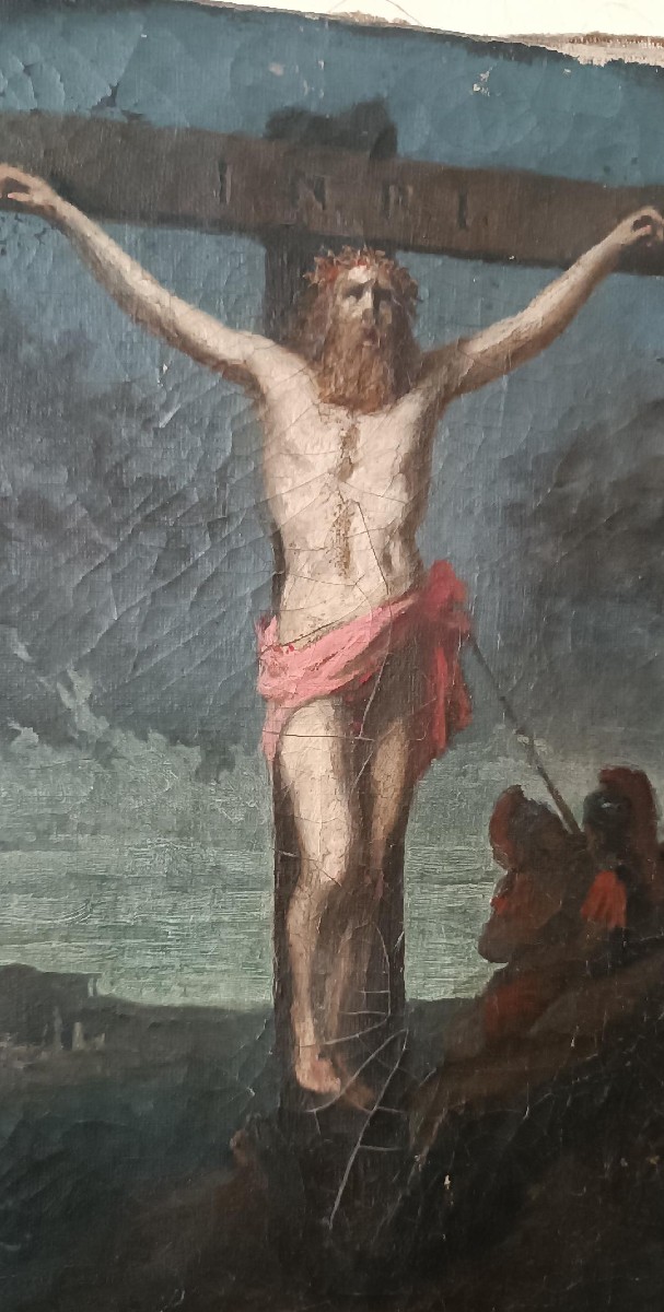 Huile sur toile ancienne représentant la crucifixion du Christ, XVIIIe siècle-photo-1
