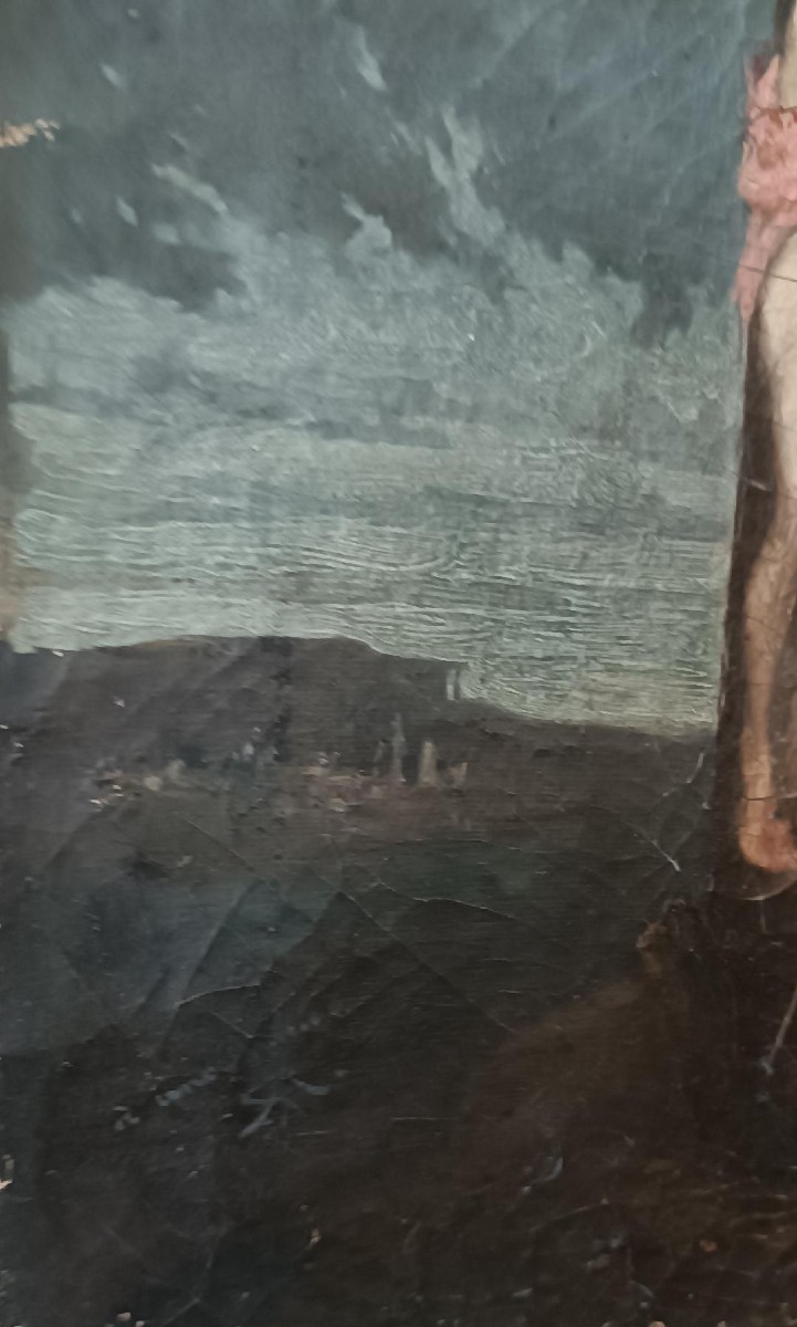 Huile sur toile ancienne représentant la crucifixion du Christ, XVIIIe siècle-photo-2