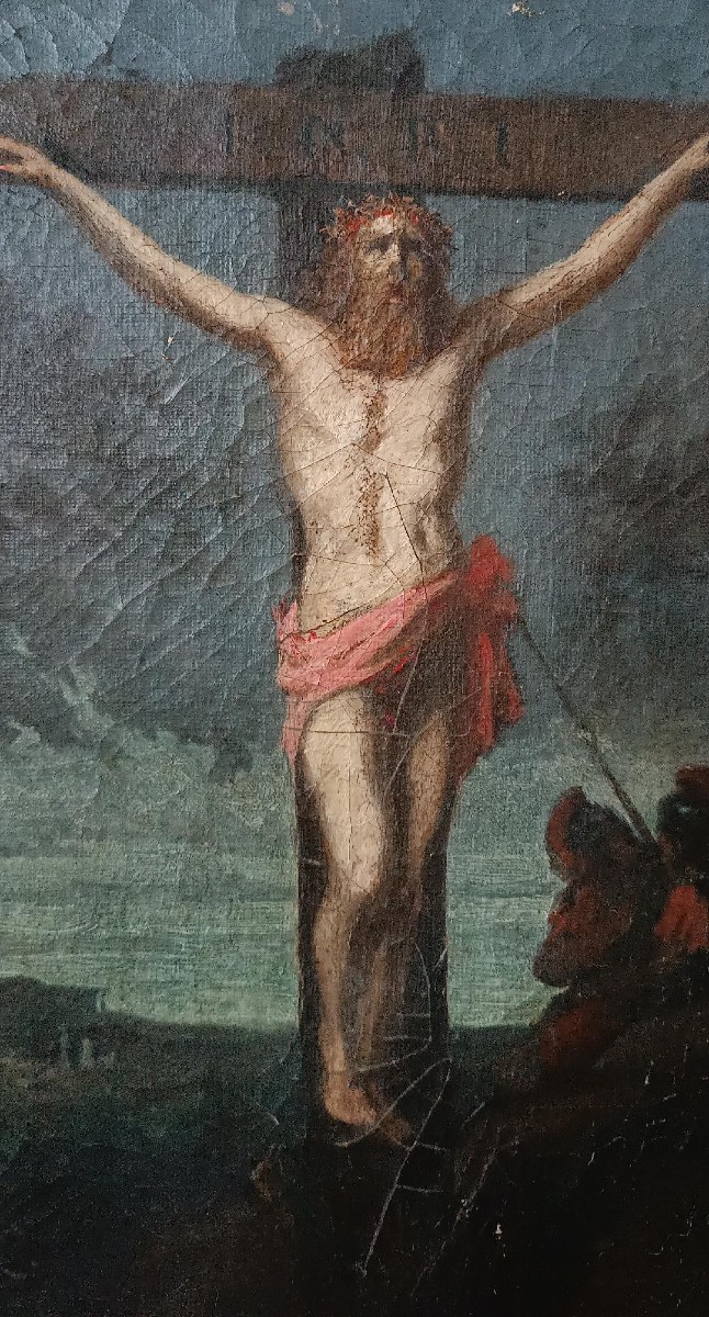 Huile sur toile ancienne représentant la crucifixion du Christ, XVIIIe siècle-photo-3