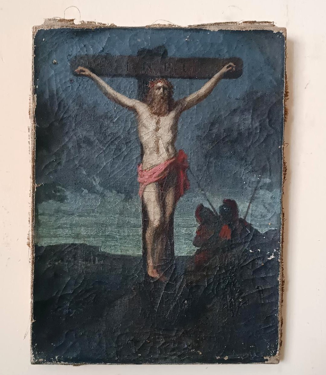 Huile sur toile ancienne représentant la crucifixion du Christ, XVIIIe siècle-photo-4