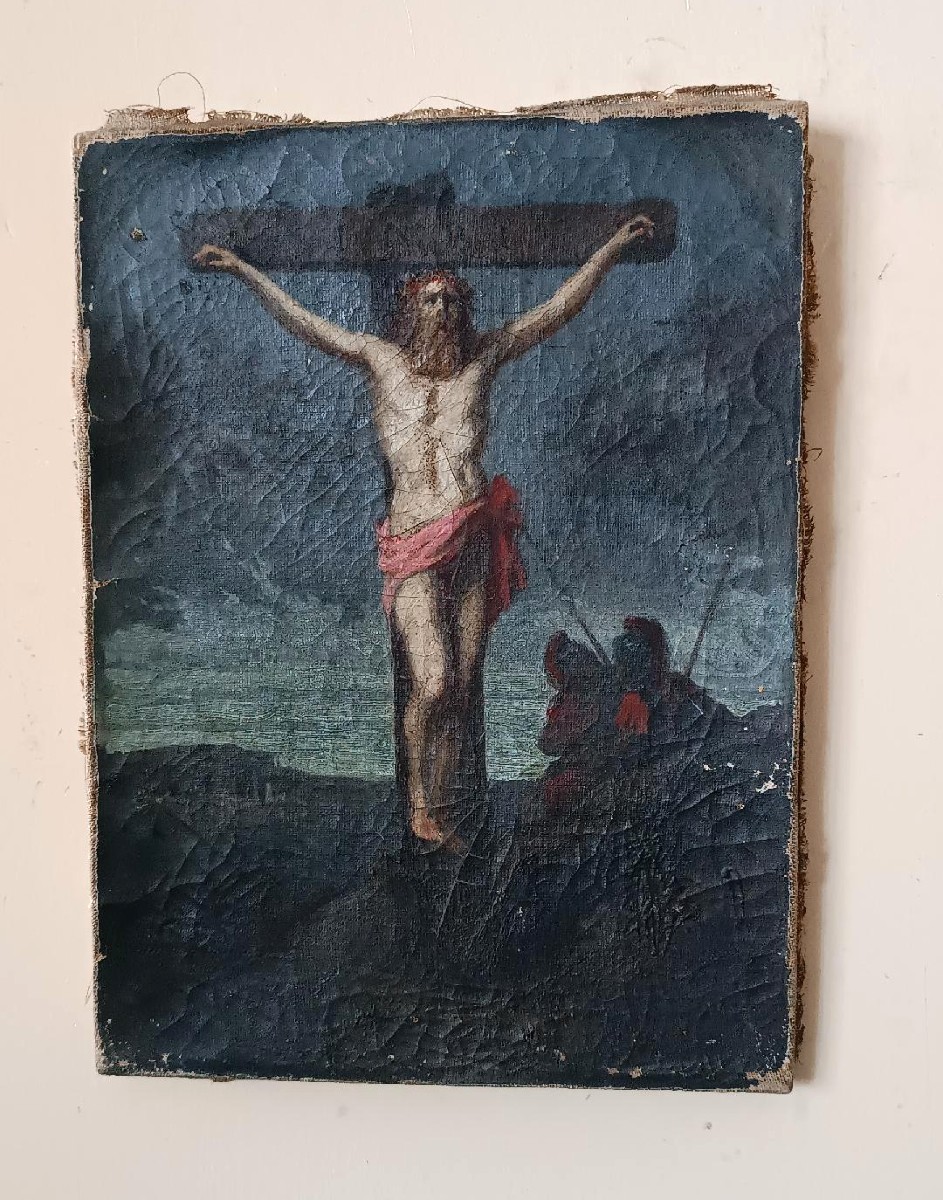 Huile sur toile ancienne représentant la crucifixion du Christ, XVIIIe siècle