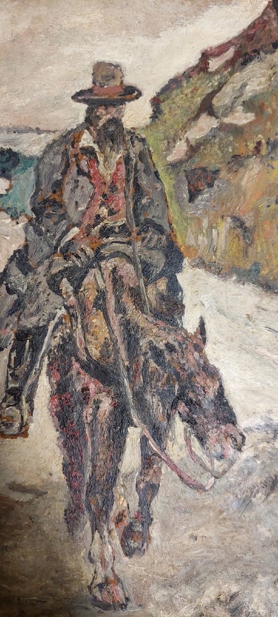 Antique Oil Painting: Man On Horseback (post-macchiaioli Style)-photo-1