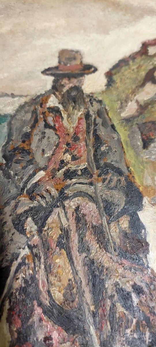 Antique Oil Painting: Man On Horseback (post-macchiaioli Style)-photo-3