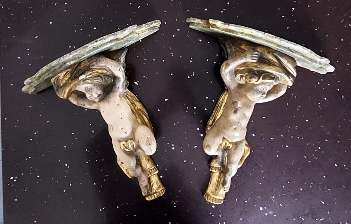 Pair Of Carved Wooden Shelves With Lacquered And Gilded Angels, Early 1900s, Italy-photo-2