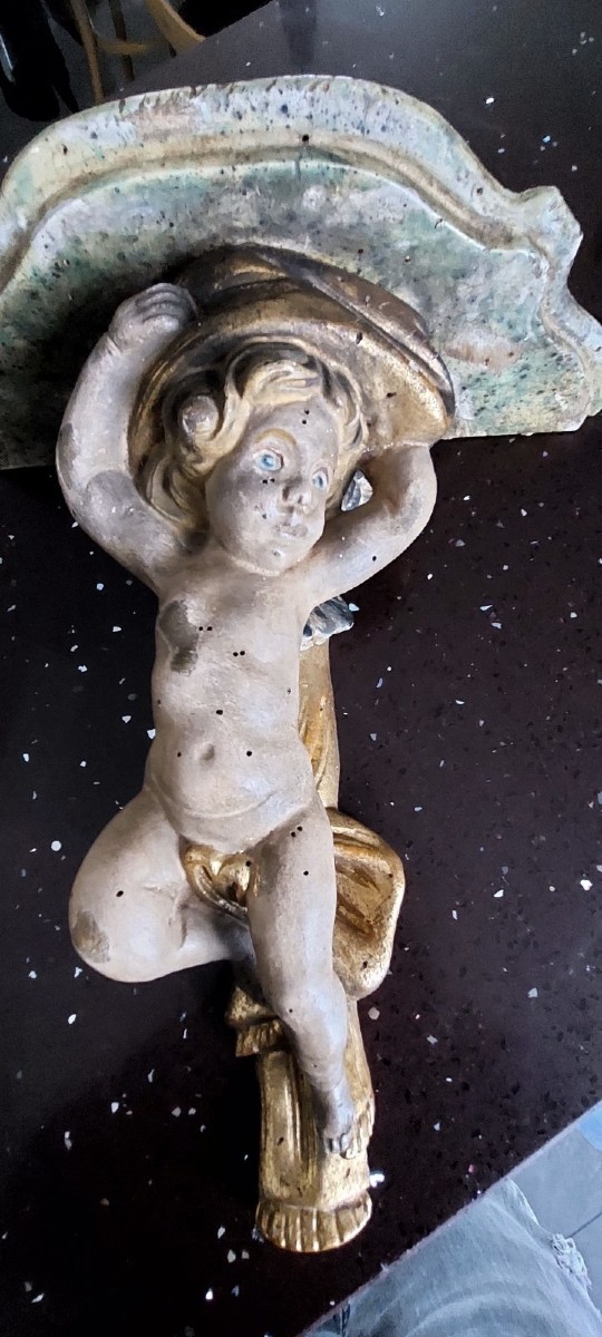 Pair Of Carved Wooden Shelves With Lacquered And Gilded Angels, Early 1900s, Italy-photo-4