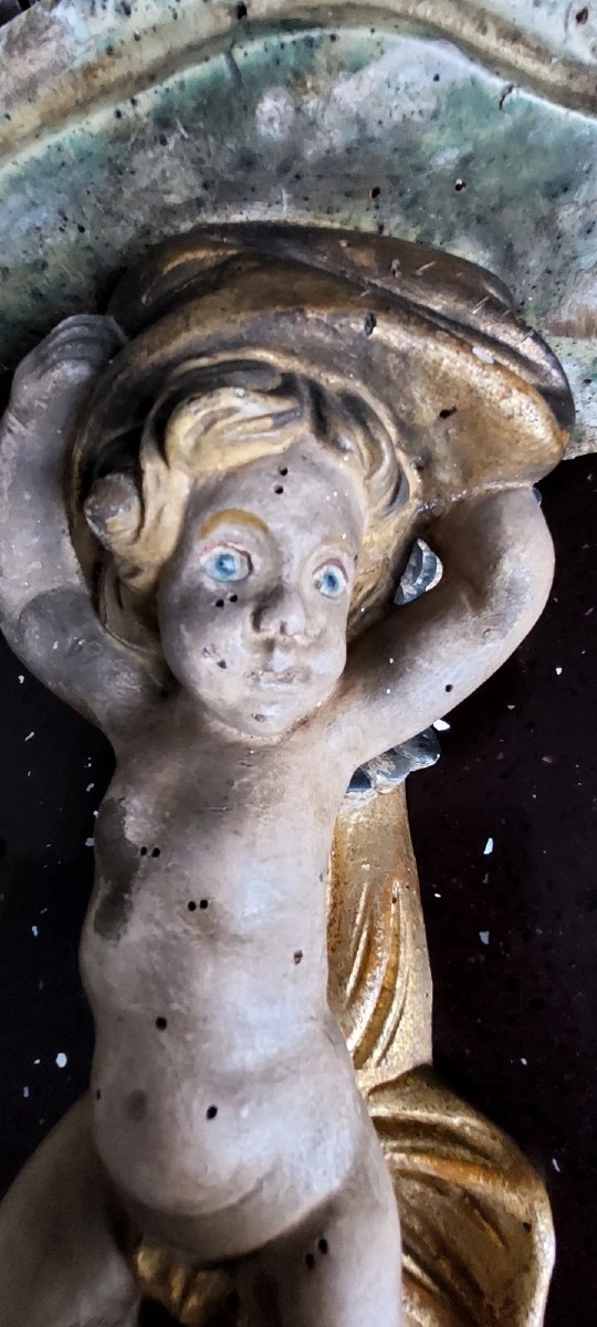 Pair Of Carved Wooden Shelves With Lacquered And Gilded Angels, Early 1900s, Italy-photo-1