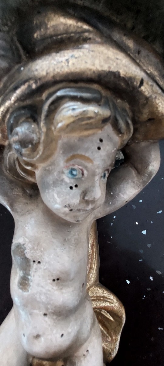 Pair Of Carved Wooden Shelves With Lacquered And Gilded Angels, Early 1900s, Italy-photo-2