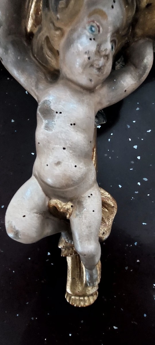 Pair Of Carved Wooden Shelves With Lacquered And Gilded Angels, Early 1900s, Italy-photo-3