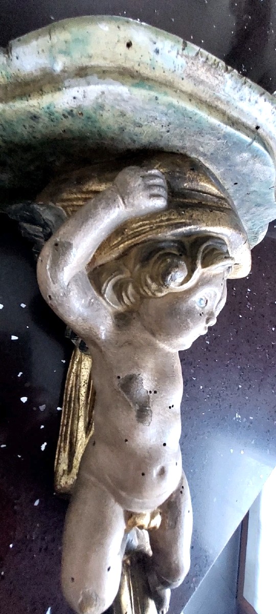 Pair Of Carved Wooden Shelves With Lacquered And Gilded Angels, Early 1900s, Italy-photo-5