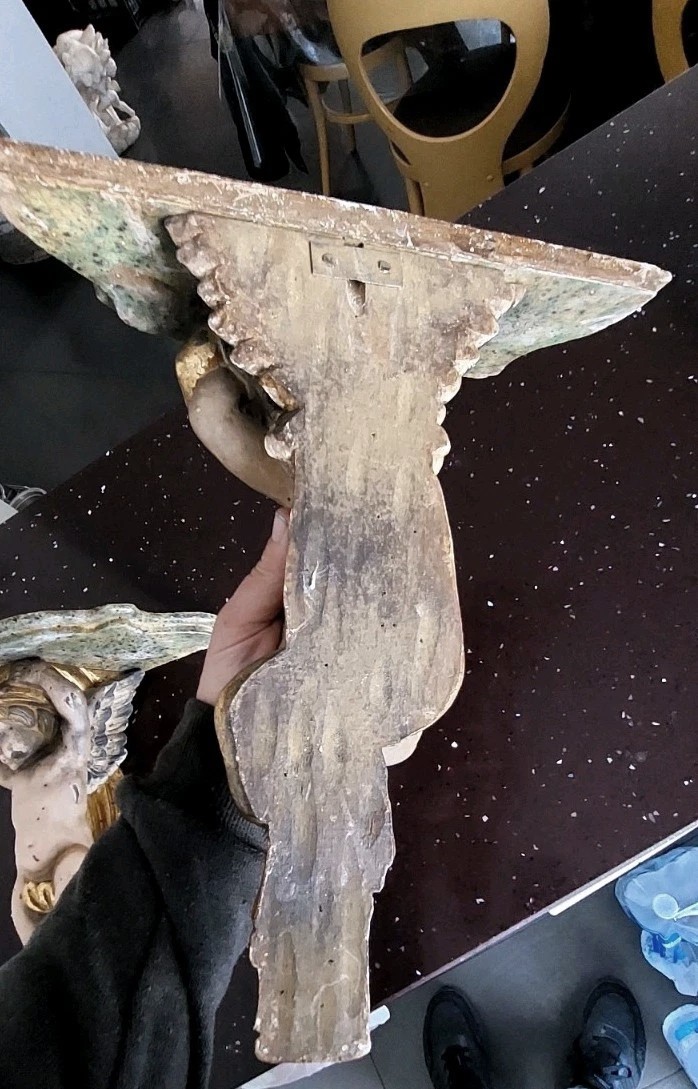 Pair Of Carved Wooden Shelves With Lacquered And Gilded Angels, Early 1900s, Italy-photo-6